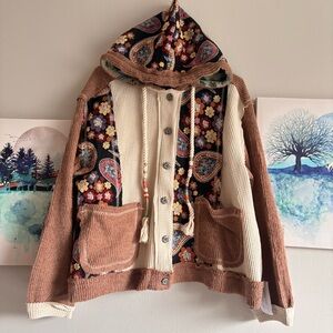 POL Oat/ Chocolate Floral Knit Boho Patchwork hoodie Jacket